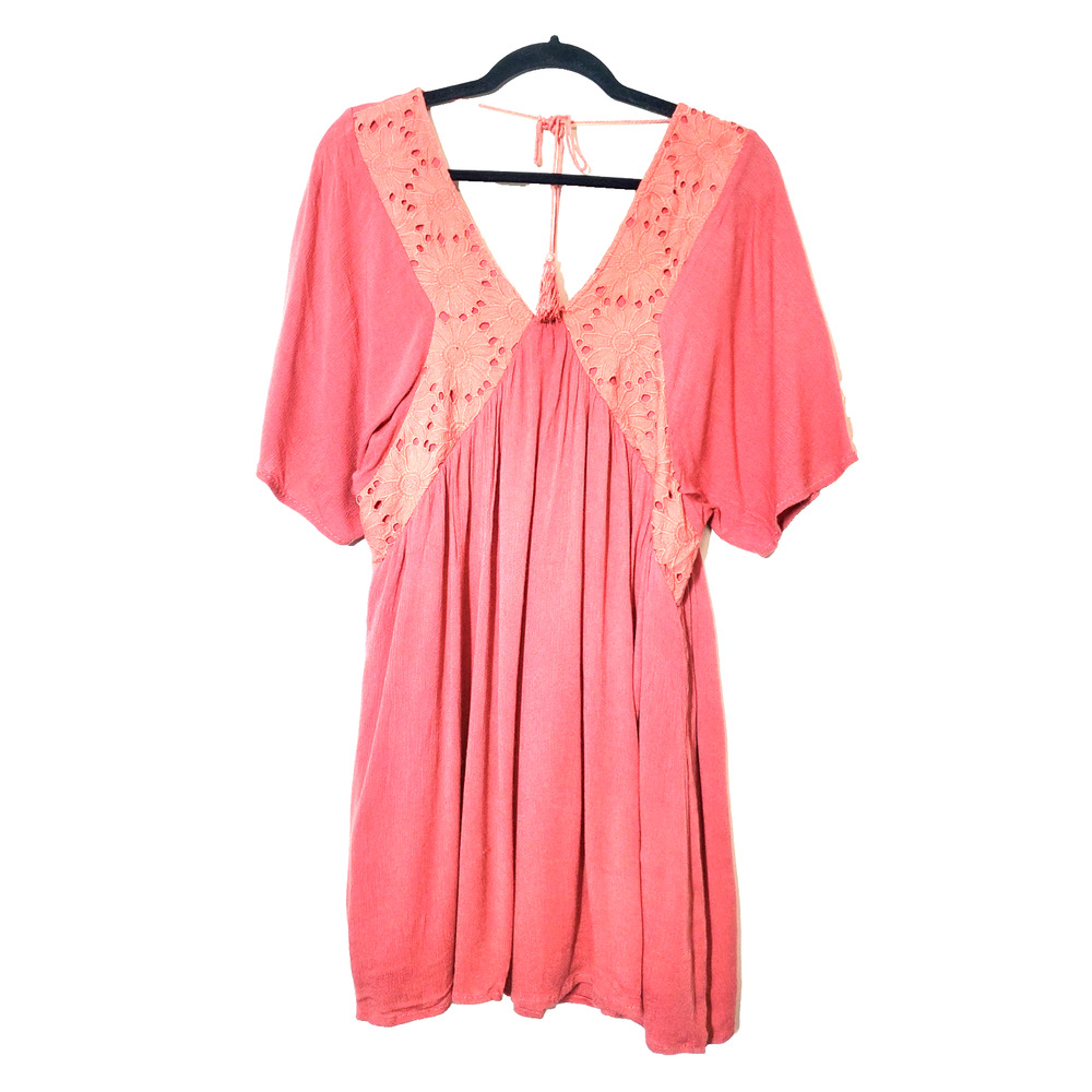 illa illa Womens Large Tunic Top Embroidered Tassels Pink Bohemian‎ V-neck